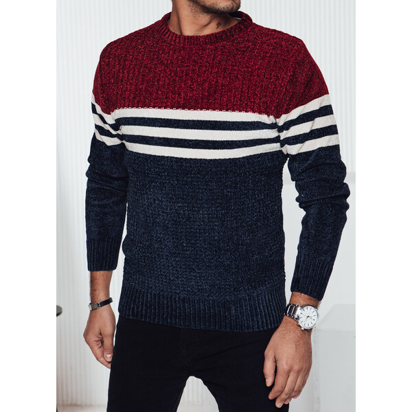 BASIC Vínovo-modrý pánsky teplý sveter s bielymi pruhmi WX2229 60645400