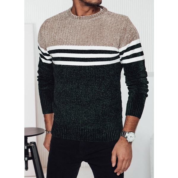 BASIC Zeleno-béžový pánsky teplý sveter s bielymi pruhmi WX2231 60645401