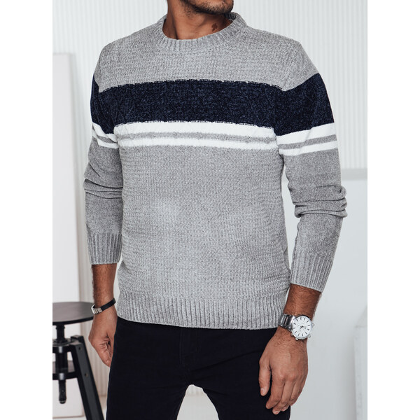 DStreet Pánsky sivý sveter s pruhmi 60728207