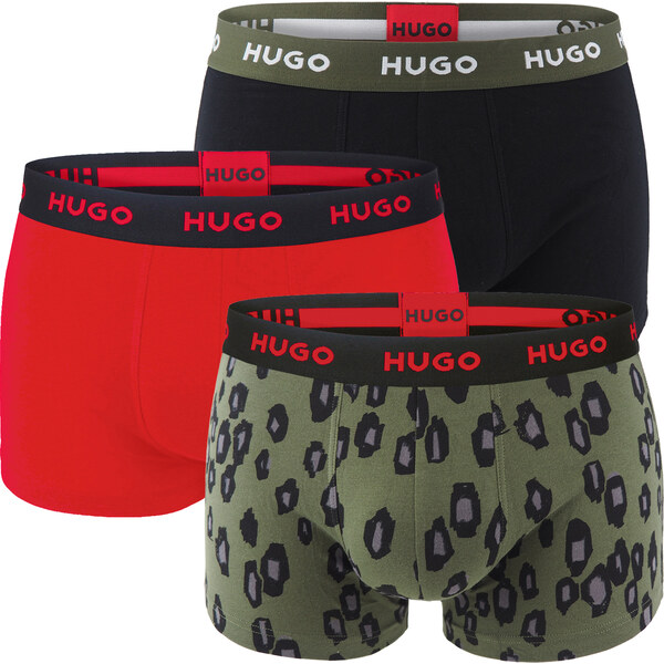HUGO - boxerky 3PACK cotton stretch modern print & dark green color 60674906