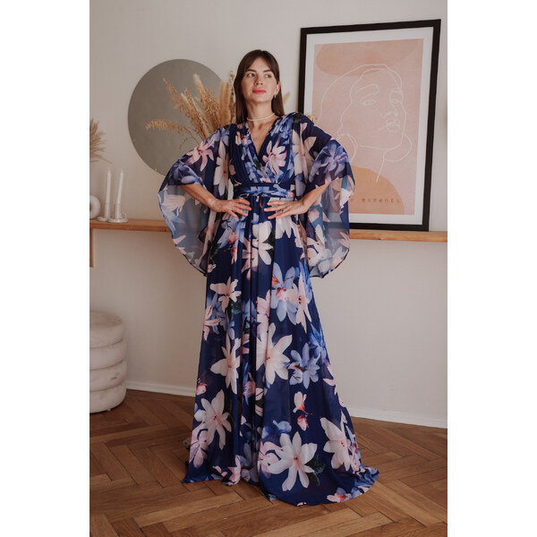 miadresses.sk Tmavomodré kvetinové šaty s voľnými rukávmi 40924456