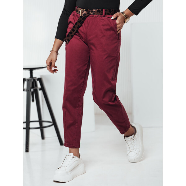 BASIC Vínové dámske rovné nohavice s opaskom LEOCINCIN UY2261 60699258
