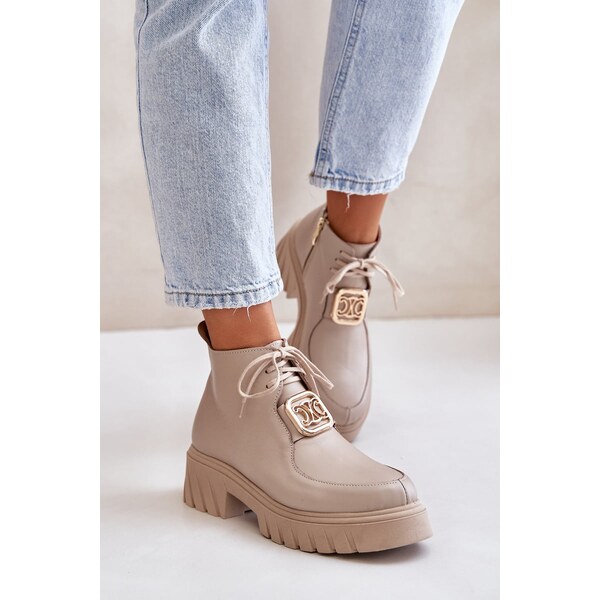 Zazoo 2952 Kožené Čižmy So Zlatou Dekoráciou Béžové 60728919