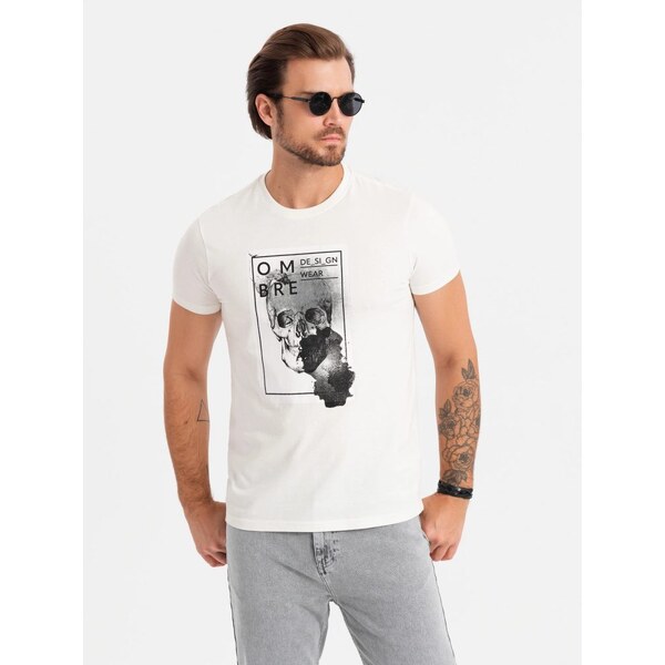Ombre Clothing Biele bavlnené tričko s modernou potlačou V2 TSPT-0200 60758650