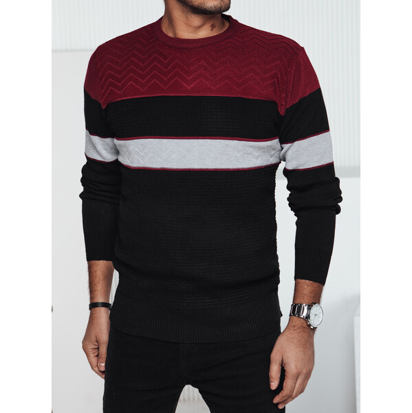 BASIC Vínovo-čierny pánsky rebrovaný sveter WX2283 60785545