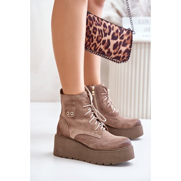 Semišové Dámske Kotníkové Boty Na Platforme A Klíne Zateplené Béžové 60794846