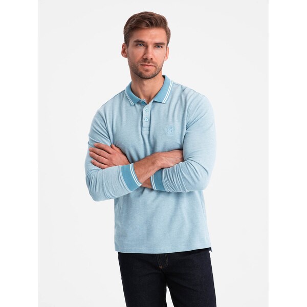Ombre Mens melange polo longsleeve with embroidery - blue melange 64785797
