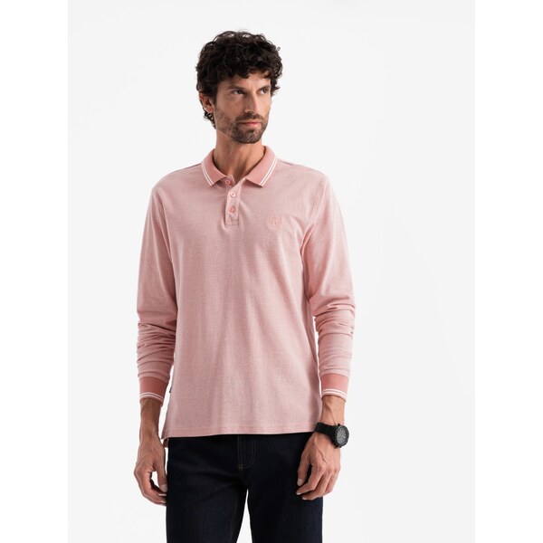 Ombre Mens melange polo longsleeve with embroidery - pink melange 64785811