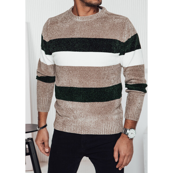 BASIC Béžový teplý pánsky sveter s módnymi pruhmi WX2242 61532682