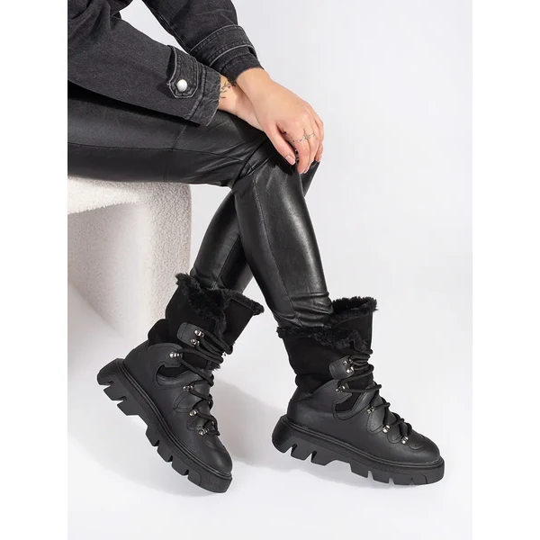 SEASTAR Womens black lace-up snow boots with fur on the platform 59901807
