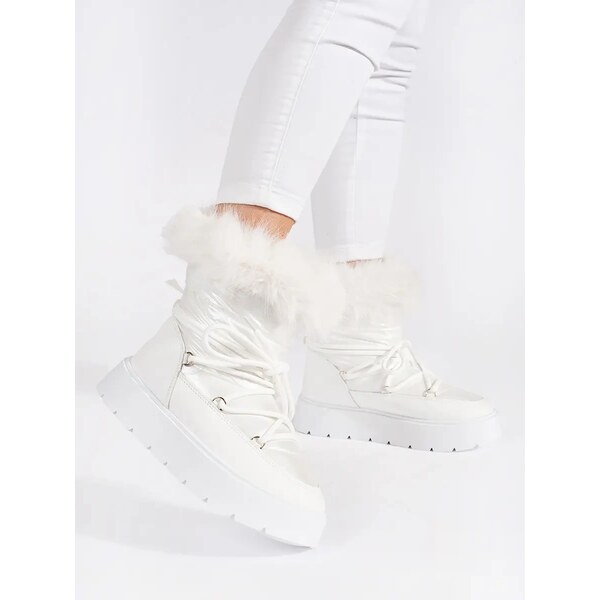 Shelvt White womens snow boots with fur on a thick sole 64785012