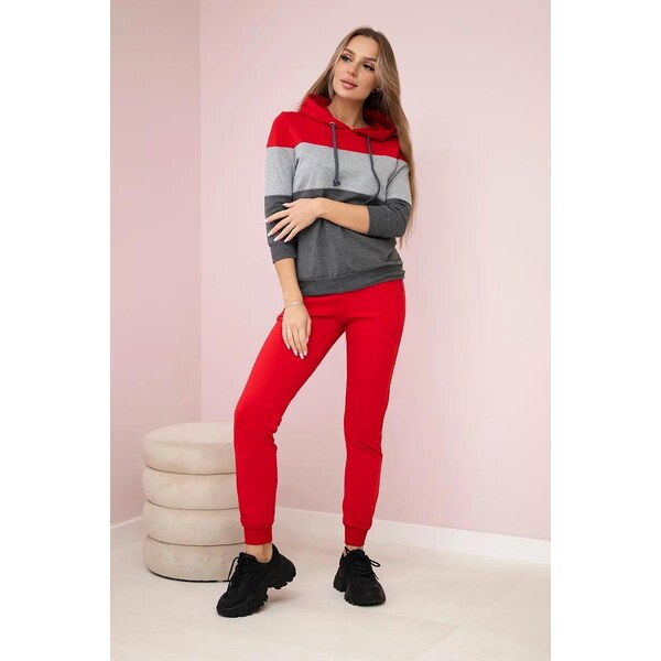 MladaModa Tepláková súprava s mikinou s farebnými pruhmi červená+šedá 8496682