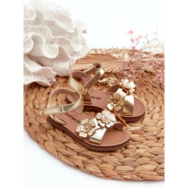 Boto Detské sandálky zdobené kvetmi s uzatváraním na suchý zips, zlaté 64644030