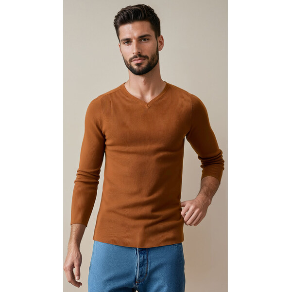 BASIC Hnedý pánsky sveter s decentným výstrihom do V WX2290 61532469