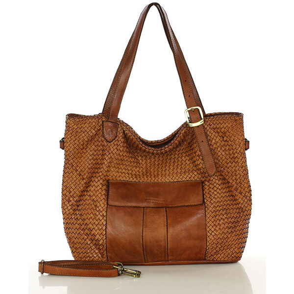MARCO MAZZINI Veľká pletená kožená shopper taška | hnedá camel v250b 61146198