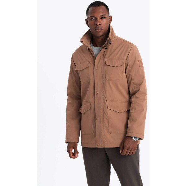 Ombre Clothing Pánska hnedá bunda s vysokým golierom a vreckami V5 61302694