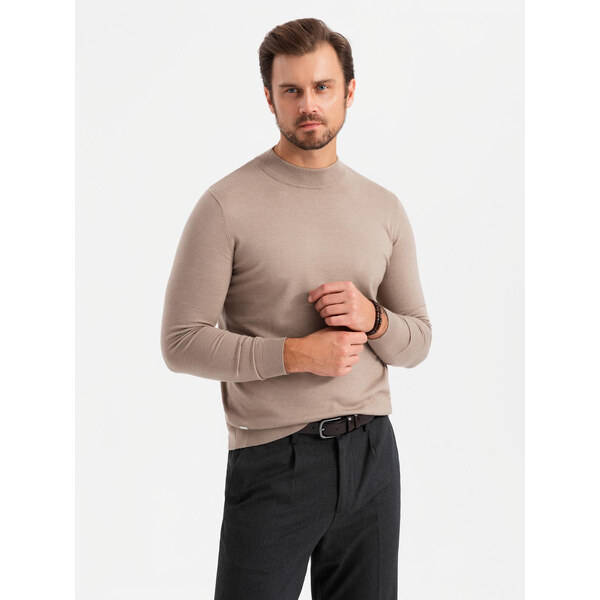 Ombre Mens knitted half turtleneck with viscose - dark beige 64788206