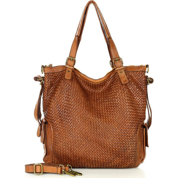MARCO MAZZINI hnedá kožená shopper kabelka s pleteným vzorom (v202b) 30586606