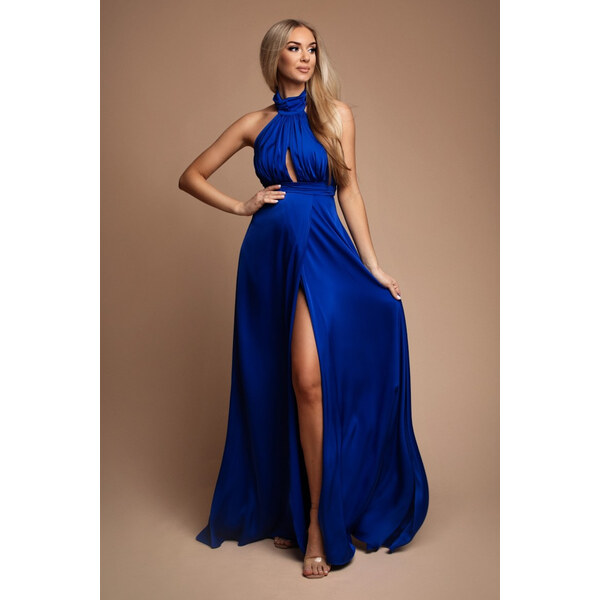 miadresses.sk Modré saténové šaty s rozparkom 61717117