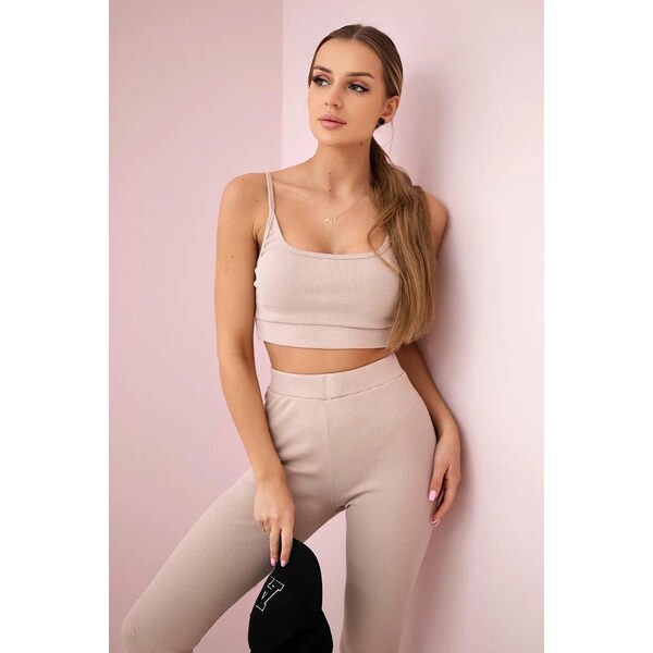 MladaModa Crop-topová tepláková súprava na ramienka model 9355 béžová 32329680
