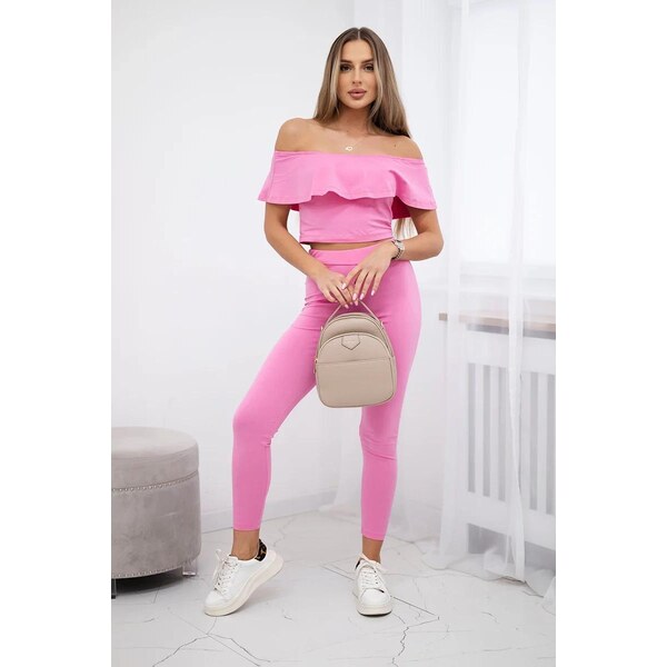 MladaModa Komplet nohavice + top s volánmi jasný ružový 32328313