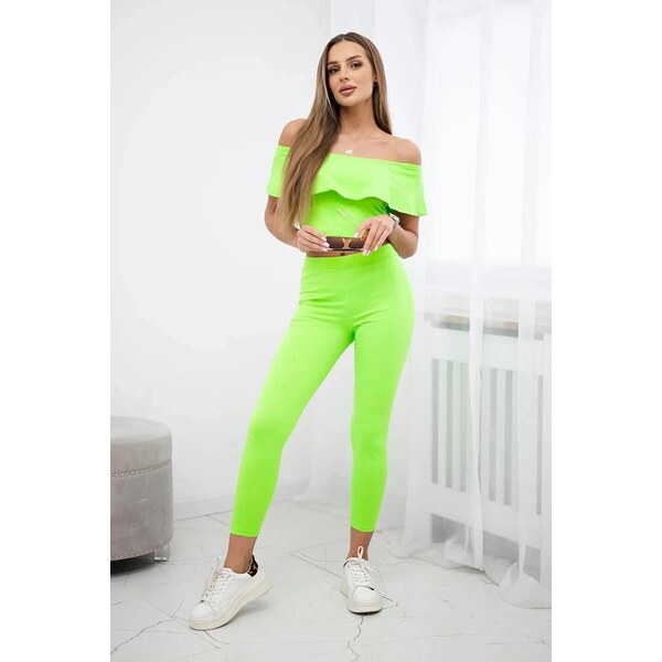 MladaModa Komplet nohavice + top s volánmi neónovo zelený 32328314