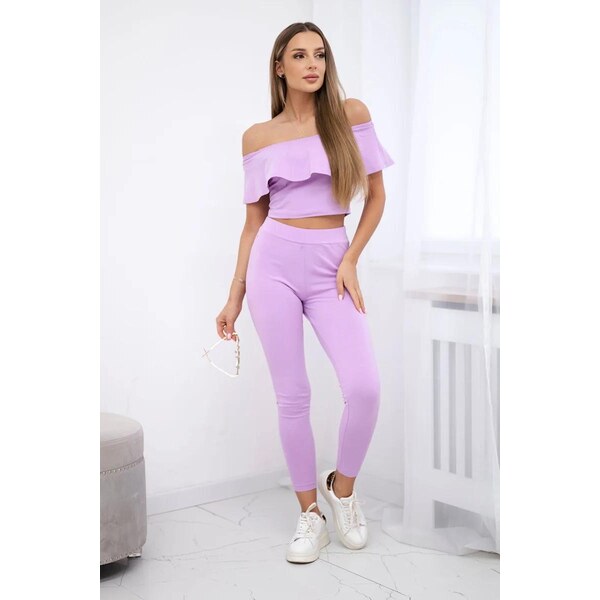 MladaModa Komplet nohavice + top s volánmi farba lila 17893018