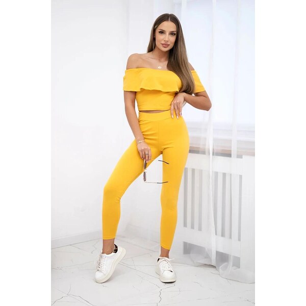 MladaModa Komplet nohavice + top s volánmi horčicová 9484983