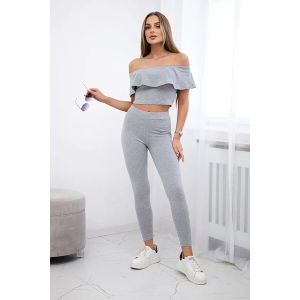 MladaModa Komplet nohavice + top s volánmi šedý 15389807