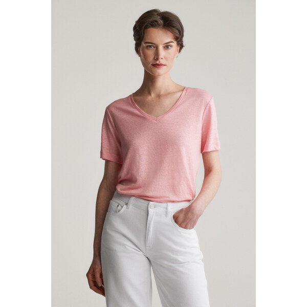 TRIČKO GANT REG LINEN V-NECK SS T-SHIRT GERANIUM PINK 61838284