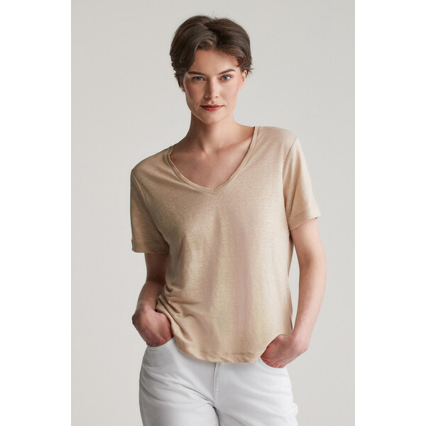TRIČKO GANT REG LINEN V-NECK SS T-SHIRT DRY SAND 61838283