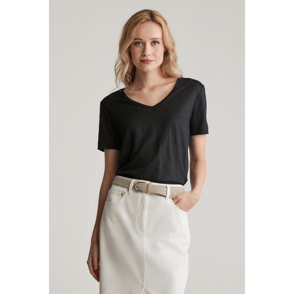 TRIČKO GANT REG LINEN V-NECK SS T-SHIRT BLACK 61838282
