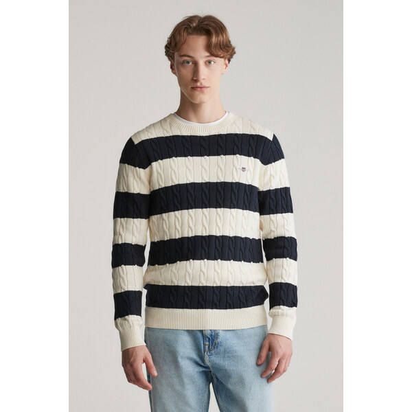SVETER GANT STRIPED COTTON CABLE C-NECK EVENING BLUE 61838422
