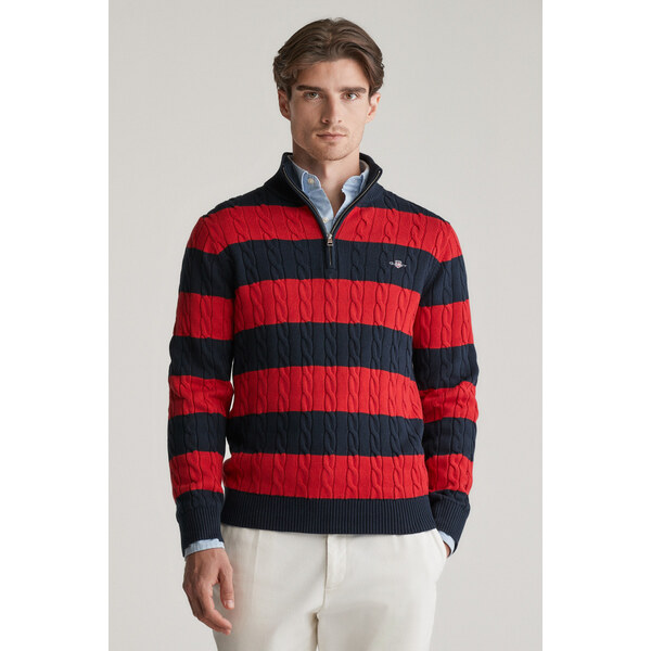 SVETER GANT STRIPED COTTON CABLE HALF ZIP RUBY RED 61838423