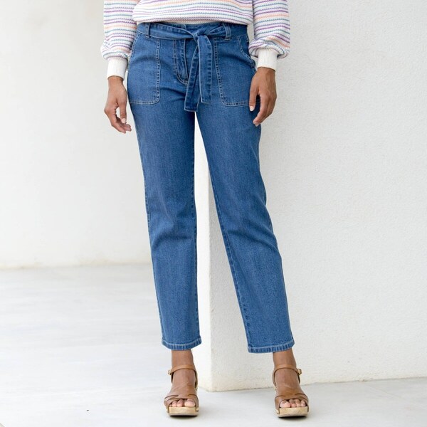 Rovné džínsy s vysokým pásom a opaskom na zaviazanie zapratá modrá 038 62067888