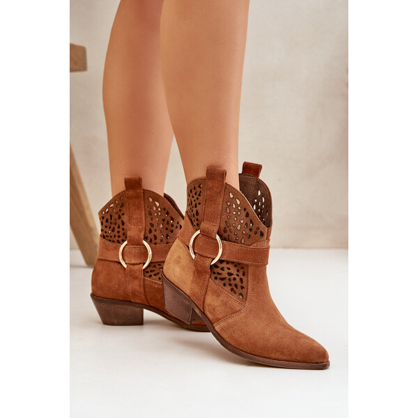 Zazoo Semišové cowboy čižmy s perforáciou na podpätku 2994 Camel 64668560