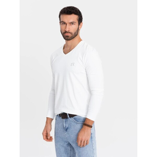 Ombre Clothing Trendy biele tričko s dlhým rukávom s V-výstrihom, s 61909400