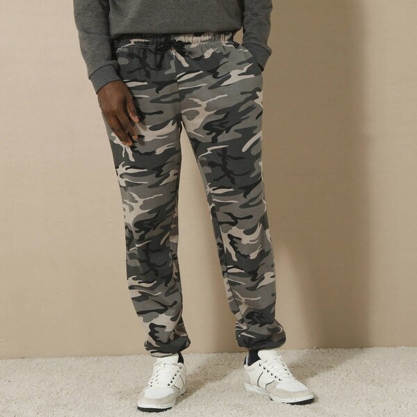 Nohavice z česaného moltonu s pružnými lemami sivý maskáčový vzor 038 56966747