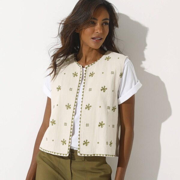 Mušelínová vesta s výšivkou ražná/khaki 048 Blancheporte 61971444