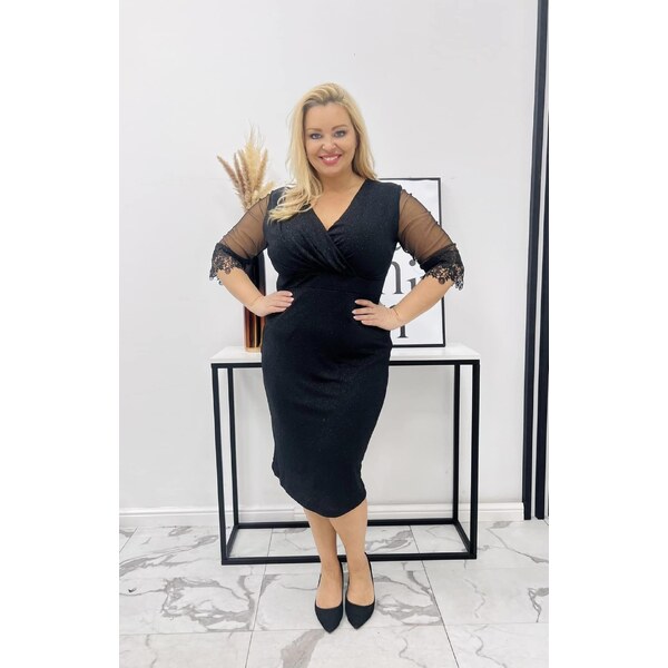 (veľ. 48) Puzdrové šaty s čipkou na rukávoch čierne 61987727