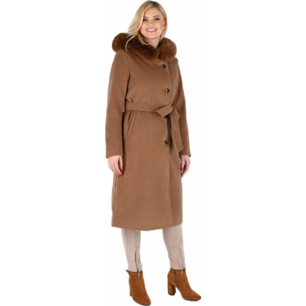 (veľ. 54) Kabát s kapucňou a odnímateľnou kožušinou hnedý 61987741