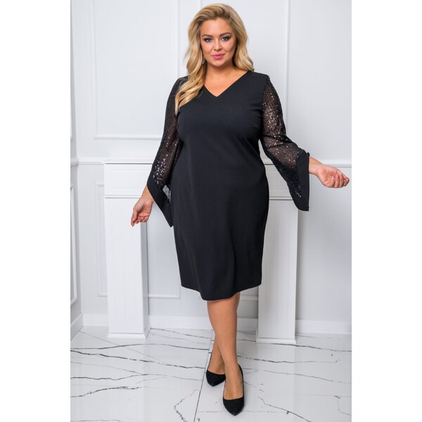 (veľ. 52 a 54) Šaty s rozšírenými flitrovanými rukávmi čierne 63884881