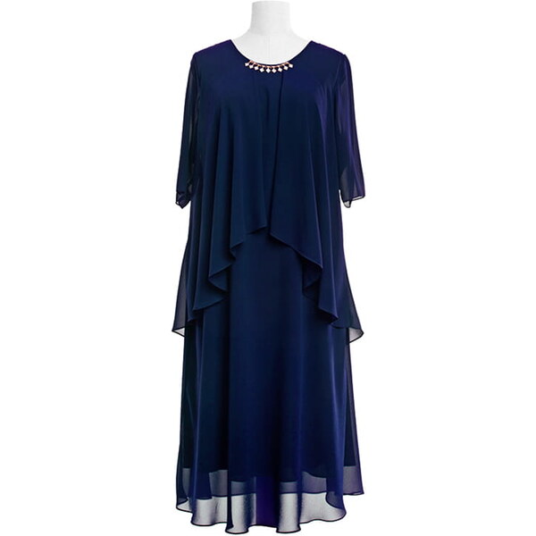 (veľ. 58) Šifónové šaty s pelerínou a ozdobou tmavomodré 65823881