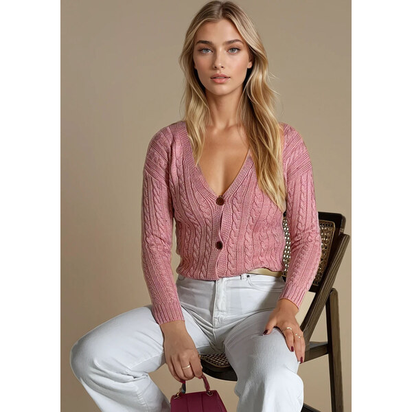 BASIC Svetloružový vrkôčikový sveter RIGLA na gombíky MY1636 36735254