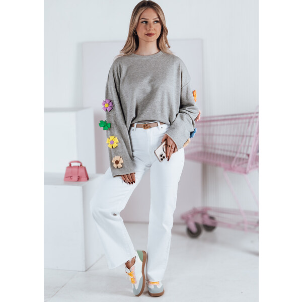 BASIC Svetlosivá oversize mikina s kvetinami na rukávoch RAWEL RY2387 49358340