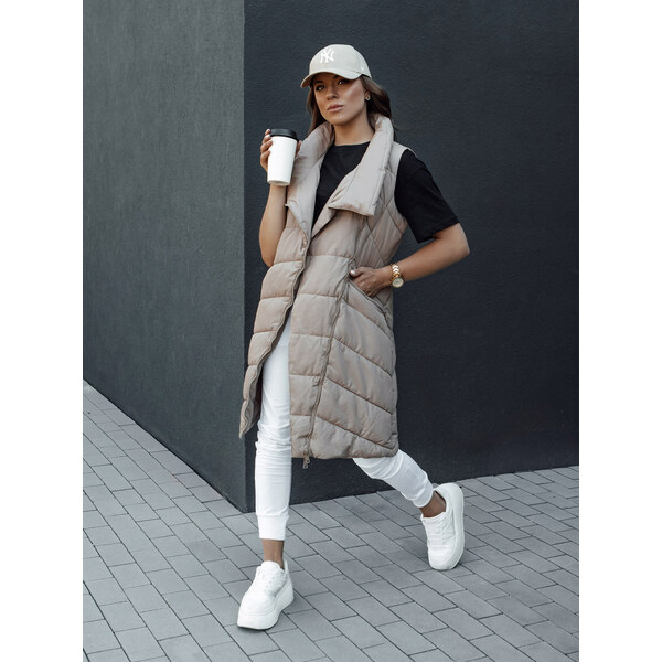 BASIC Béžová dámska dlhá prešívaná vesta bez kapucne SERKIS TY4525 57187348