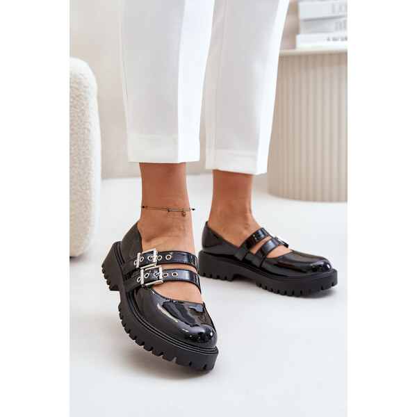 Boto Półbuty Damskie Z Paskami Lakierowane Czarne Terione 66660898