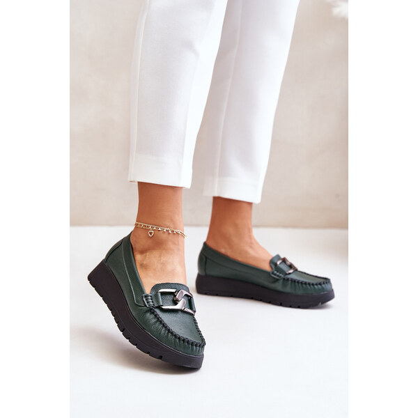 Zazoo 10141 Skórzane Mokasyny Na Platformie Z Ozdobą Ciemnozielone 66661068