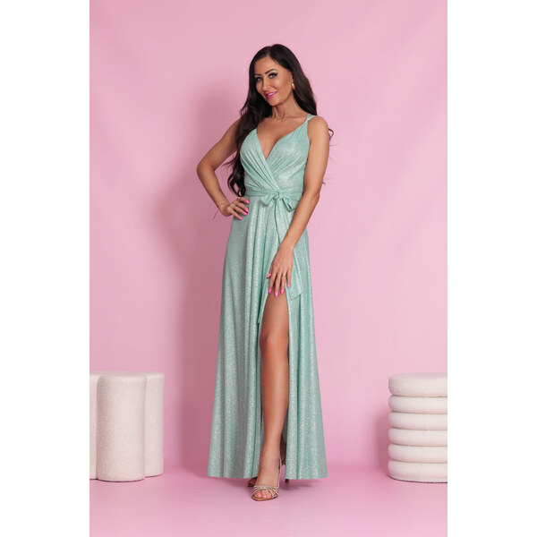 miadresses.sk Mentolové trblietavé šaty s rozparkom 62467302