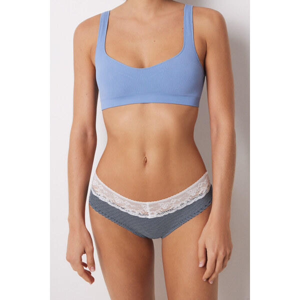 womensecret Široké pruhované bavlnené nohavičky s čipkou 62329976